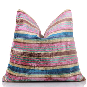 Colorful Striped Velvet Pillow – 16x16 Handmade Ikat Throw Cushion