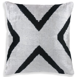 Modern Black & White Chevron Ikat Velvet Pillow – 16x16 Handmade Cushion