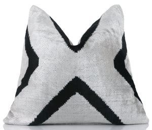 Modern Black & White Chevron Ikat Velvet Pillow – 16x16 Handmade Cushion