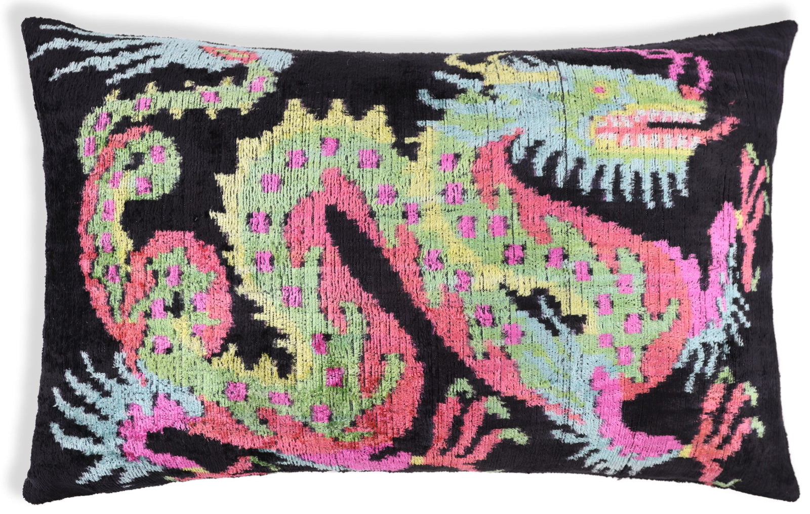 Luxury Silk Velvet Pillow 16x24 – Handmade Black Dragon Lumbar Cushion with Vibrant Colors