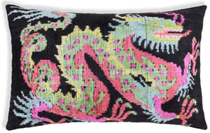 Luxury Silk Velvet Pillow 16x24 – Handmade Black Dragon Lumbar Cushion with Vibrant Colors