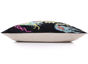 Luxury Silk Velvet Pillow 16x24 – Handmade Black Dragon Lumbar Cushion with Vibrant Colors