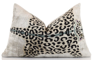 Luxury Leopard Print Silk Velvet Throw Pillow 16x24 – Handmade Animal Motif Lumbar Cushion