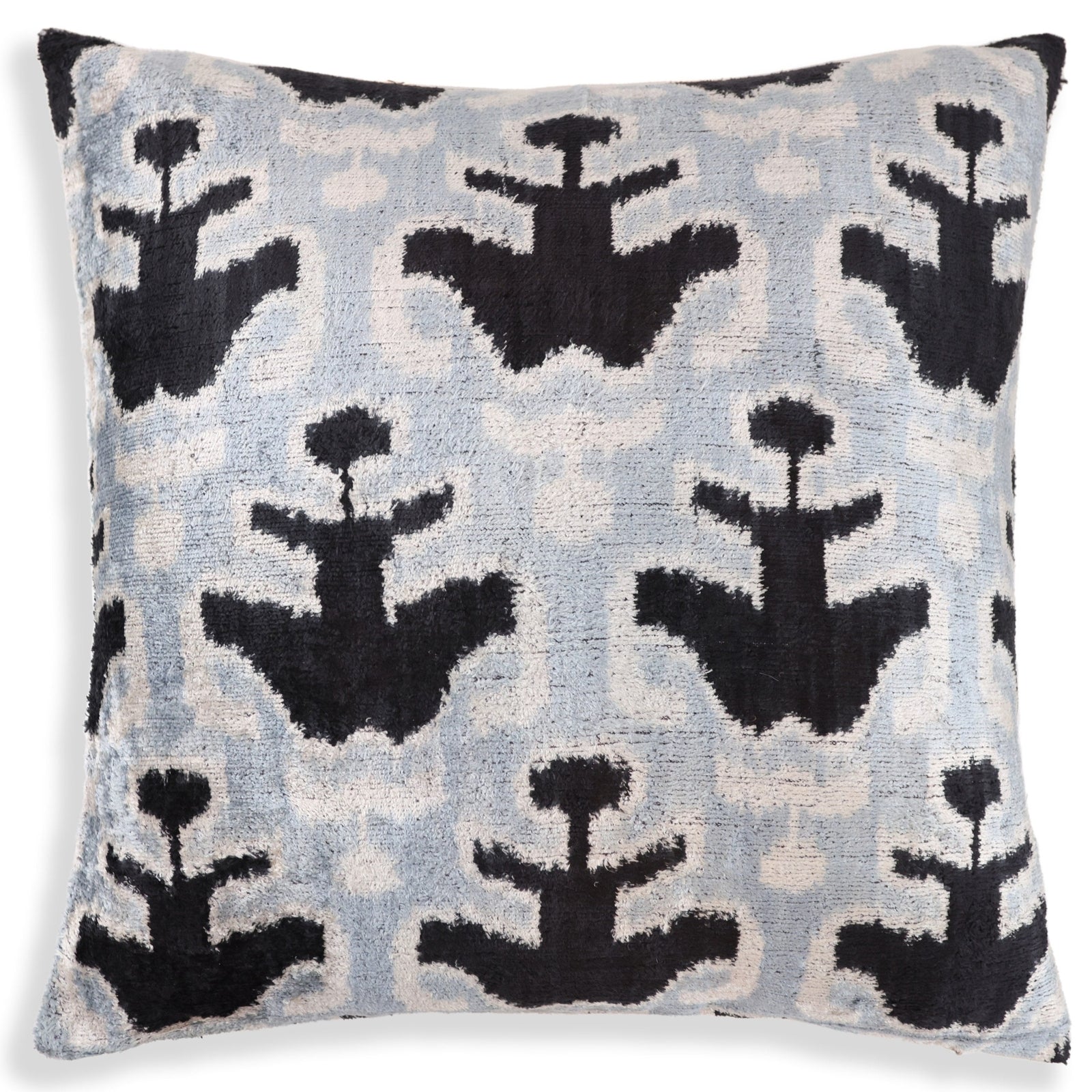 Light Blue Black Silk Velvet Pillow – 20x20 Handmade Ikat Throw Cushion
