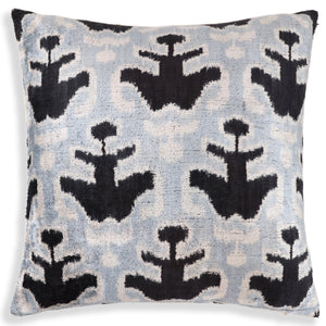 Light Blue Black Silk Velvet Pillow – 20x20 Handmade Ikat Throw Cushion