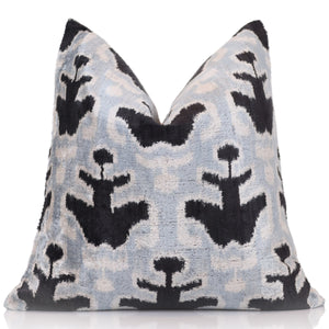 Light Blue Black Silk Velvet Pillow – 20x20 Handmade Ikat Throw Cushion