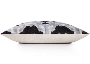 Light Blue Black Silk Velvet Pillow – 20x20 Handmade Ikat Throw Cushion