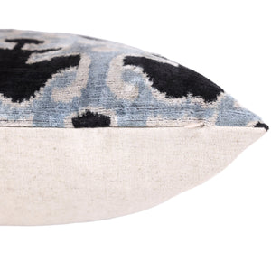 Light Blue Black Silk Velvet Pillow – 20x20 Handmade Ikat Throw Cushion