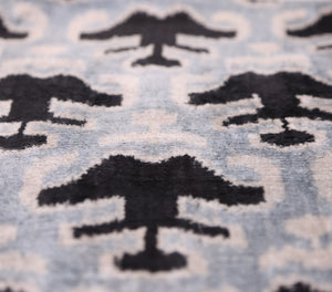 Light Blue Black Silk Velvet Pillow – 20x20 Handmade Ikat Throw Cushion