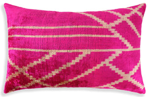 Luxury Fuchsia Pink Silk Velvet Throw Pillow 16x24 – Handmade Geometric Lumbar Cushion