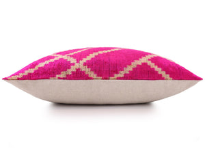 Luxury Fuchsia Pink Silk Velvet Throw Pillow 16x24 – Handmade Geometric Lumbar Cushion