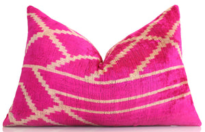 Luxury Fuchsia Pink Silk Velvet Throw Pillow 16x24 – Handmade Geometric Lumbar Cushion