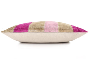 Luxury Silk Velvet Striped Throw Pillow 16x24 – Pink & Beige Handmade