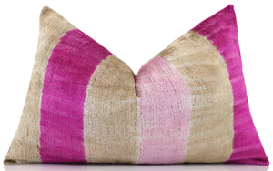 Luxury Silk Velvet Striped Throw Pillow 16x24 – Pink & Beige Handmade