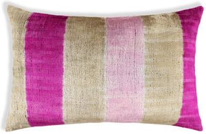Luxury Silk Velvet Striped Throw Pillow 16x24 – Pink & Beige Handmade