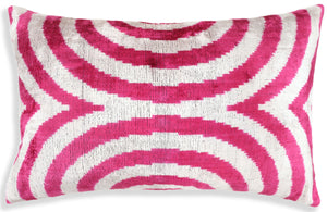 Luxury Silk Velvet Pillow 16x24 – Handmade Fuchsia & Ivory Concentric Lumbar Cushion