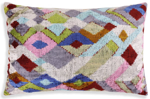 Luxury Multicolor Diamond Silk Velvet Throw Pillow 16x24 – Handmade Geometric Lumbar Cushion