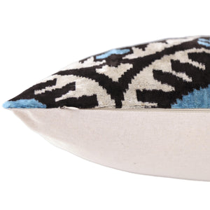 Blue Black Geometric Silk Velvet Pillow – 20x20 Handmade Ikat Throw Cushion