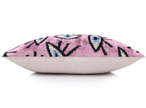 Luxury Pink Evil Eye Velvet Pillow 16x24 – Handmade Silk Lumbar Cushion with Bohemian Charm