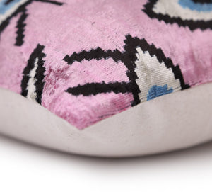 Luxury Pink Evil Eye Velvet Pillow 16x24 – Handmade Silk Lumbar Cushion with Bohemian Charm
