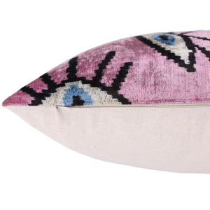Luxury Pink Evil Eye Velvet Pillow 16x24 – Handmade Silk Lumbar Cushion with Bohemian Charm
