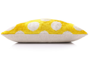 Luxury Silk Velvet Pillow 16x24 – Handmade Yellow Polka Dot Lumbar Cushion