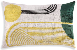 Luxury Silk Velvet Pillow 16x24 – Handmade Modern Geometric Lumbar Cushion in Yellow & Green