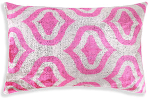 Handmade Pink Geometric Velvet Lumbar Pillow 16x24 – Luxury Silk Ikat Cushion