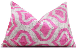 Handmade Pink Geometric Velvet Lumbar Pillow 16x24 – Luxury Silk Ikat Cushion