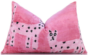 Handmade Pink Velvet Lumbar Pillow 16x24 – Designer Leopard Motif Luxury Cushion