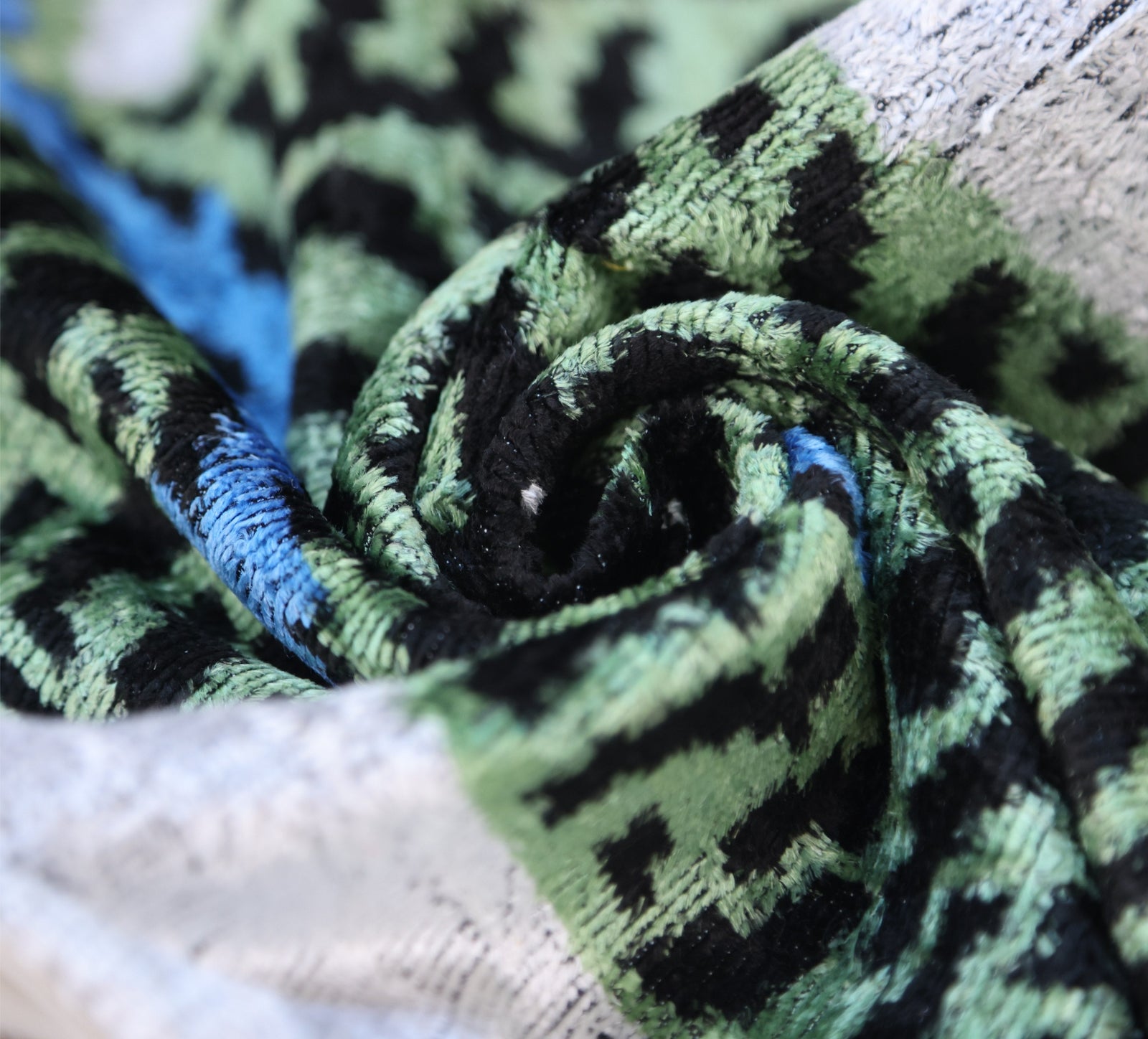 Handmade Green Tiger Velvet Lumbar Pillow 16x24 – Artisan Silk Cushion with Blue Accents
