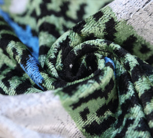 Handmade Green Tiger Velvet Lumbar Pillow 16x24 – Artisan Silk Cushion with Blue Accents