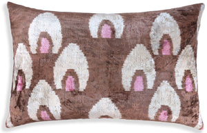 Handmade Brown Velvet Lumbar Pillow 16x24 – Ivory & Pink Arch Motif Designer Cushion