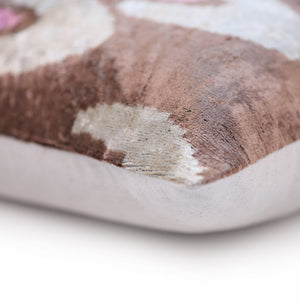 Handmade Brown Velvet Lumbar Pillow 16x24 – Ivory & Pink Arch Motif Designer Cushion