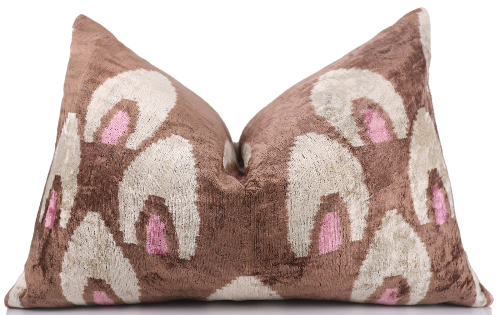 Handmade Brown Velvet Lumbar Pillow 16x24 – Ivory & Pink Arch Motif Designer Cushion