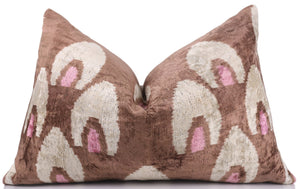 Handmade Brown Velvet Lumbar Pillow 16x24 – Ivory & Pink Arch Motif Designer Cushion
