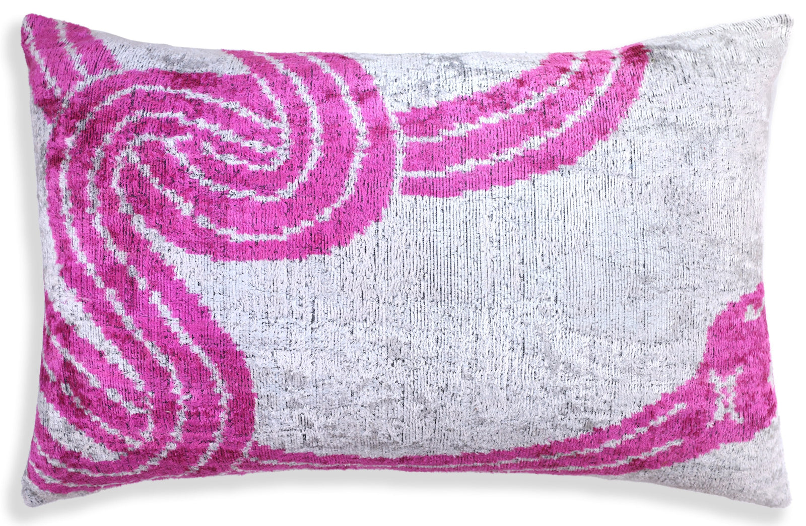 Handmade Silver & Pink Fuchsia Velvet Lumbar Pillow 16x24 – Modern Abstract Designer Cushion