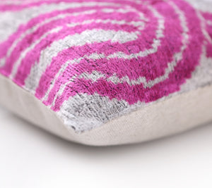 Handmade Silver & Pink Fuchsia Velvet Lumbar Pillow 16x24 – Modern Abstract Designer Cushion