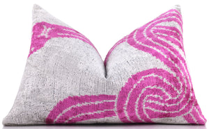 Handmade Silver & Pink Fuchsia Velvet Lumbar Pillow 16x24 – Modern Abstract Designer Cushion