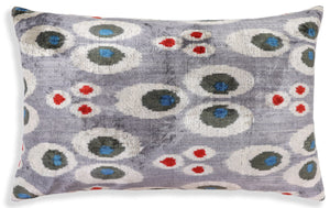 Luxury Gray Velvet Pillow 16x24 – Handmade Silk Lumbar Cushion with Modern Circle Motifs