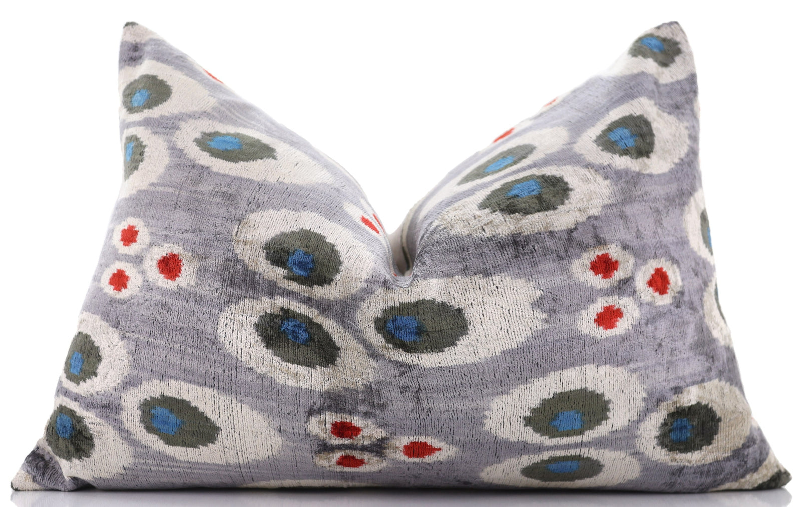 Luxury Gray Velvet Pillow 16x24 – Handmade Silk Lumbar Cushion with Modern Circle Motifs