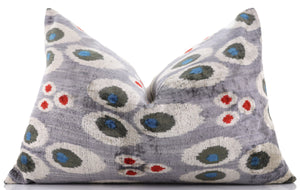 Luxury Gray Velvet Pillow 16x24 – Handmade Silk Lumbar Cushion with Modern Circle Motifs