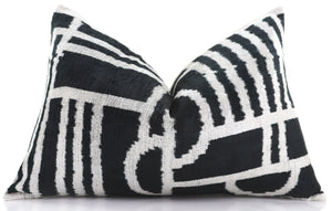 Luxury Black & White Geometric Velvet Pillow 16x24 – Handmade Silk Lumbar Cushion