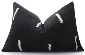 Luxury Minimalist Black Velvet Pillow 16x24 – Handmade Silk Lumbar Cushion with Ivory Accents
