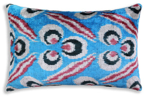 Blue Silk Velvet Ikat Lumbar Pillow 16x24 – Handmade Luxury