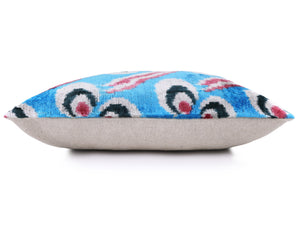 Blue Silk Velvet Ikat Lumbar Pillow 16x24 – Handmade Luxury