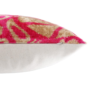 Fuchsia Beige Silk Velvet Lumbar Pillow – 16x24 Handmade Ikat Luxury Cushion