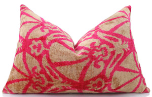 Fuchsia Beige Silk Velvet Lumbar Pillow – 16x24 Handmade Ikat Luxury Cushion