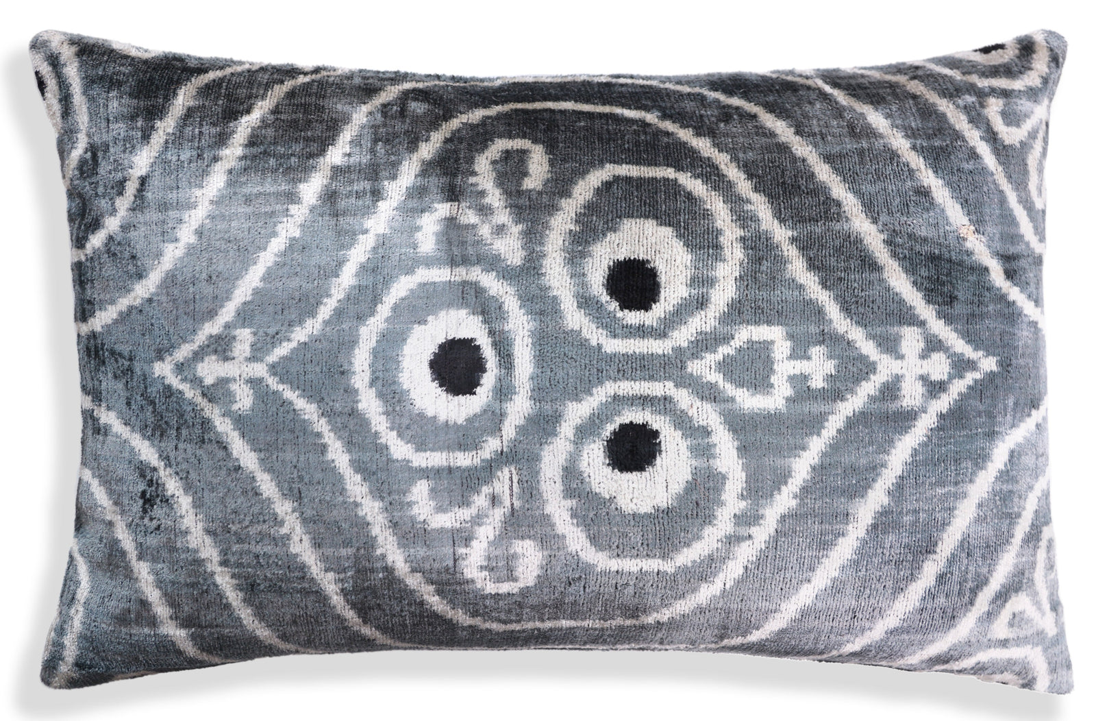 Gray & White Silk Velvet Ikat Lumbar Pillow 16x24 – Handmade