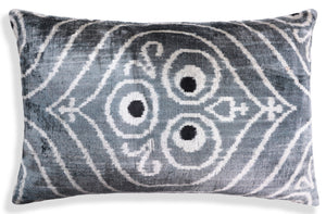 Gray & White Silk Velvet Ikat Lumbar Pillow 16x24 – Handmade